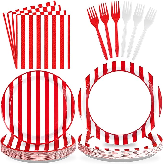 96Pcs Red and White Striped Party Supplies Red and White Striped Paper Plates and Napkins Circus Theme Tableware Set for Summer Pizza BBQ Picnic Baby Shower Birthday Carnival Party Decorations Serve24