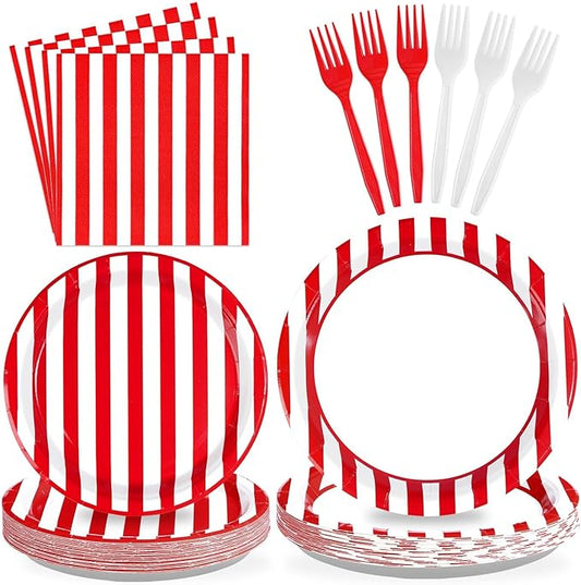 96Pcs Red and White Striped Party Supplies Red and White Striped Paper Plates and Napkins Circus Theme Tableware Set for Summer Pizza BBQ Picnic Baby Shower Birthday Carnival Party Decorations Serve24