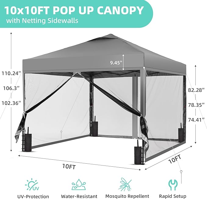 GDY 10x10 Pop up Canopy Tent with Mosquito Netting, Easy up Gazebo for Patio, Camping and Garden, Includes 4 Sandbags, Gray