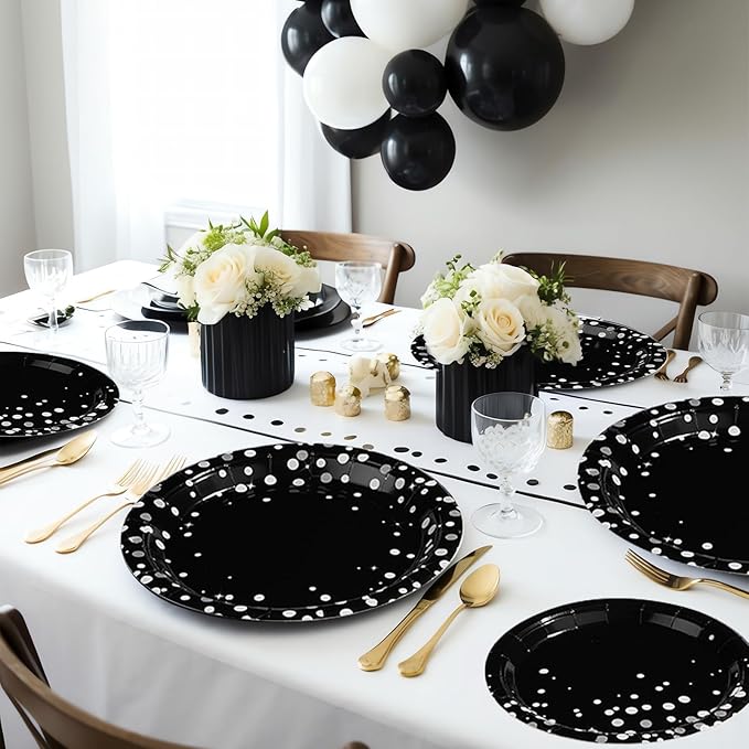 Grencian 96Pcs Black and Silver Party Decorations White Silver Dot on Black Paper Plates Graduation Birthday Paper Tableware Set for Birthday Retirement Wedding Prom Graduation Party Supplies Serve 24
