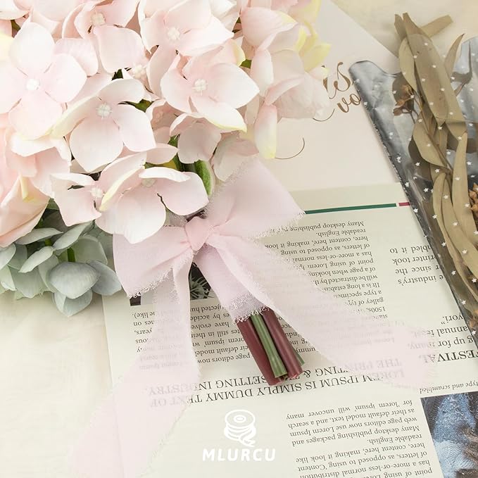 ICY Pink Chiffon Ribbon 1-1/2 Inch x 21 Yards Handmade Fringe Chiffon Silk Ribbon Frayed for Wedding Invitation, Bridal Flower Bouquets, Gift Wrapping