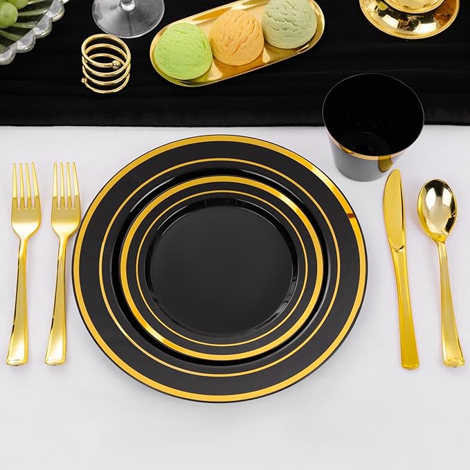 WELLIFE 300 PCS Black and Gold Dinnerware Set for 50 Guests, Disposable Plastic Plates for Party, Gold rimmed Plastic Dinner Plates,Salad Plates,Cups,Silverware Set for Halloween Party Supplies