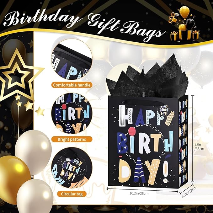 Powbrace 13" Black Happy Birthday Bag with Tissue Paper and Greeting Card for Party,Happy Birthday Gift Bag for Men, Boys, Kids, Gift Bags Medium size (2 PCS Black,Gift Bag)