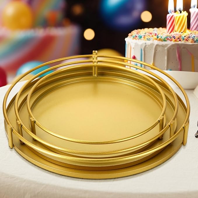 Wenqik 3 Pack Gold Cake Stands 16'' 14'' 12'' Round Metal Cupcake Display Stands Dessert Trays Table Decoration Cookies Serving Plates with Modern Design for Wedding, Birthday, Party, Celebration