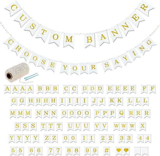 Pre-Printed Banner Kit – 97 White CANVAS Flags with GOLD Letters, Numbers & Symbols, Reusable DIY Custom Banner, Make Your Own Personalized Party Banner, Faux Burlap, Includes Twine & 2 Needles