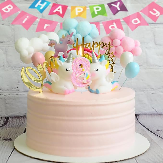 Birthday Candles - Number 8 Candle, 8th Birthday Decorations for Girl, Pink Unicorn Candles for Cake Topper, Cartoon Theme Party Supplies