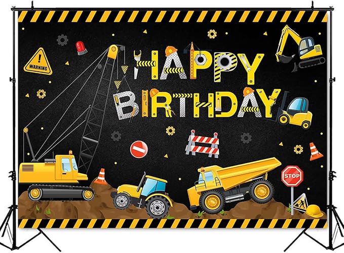 Mocsicka Construction Birthday Party Backdrop Dump Truck Birthday Background for Boys Digger Zone Construction Party Decorations Cake Table Banner (Black-Yellow, 10x8ft(120x96 inch))