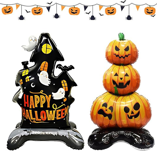 2Pcs Giant Scary Pumpkin Castle Balloons Happy Halloween Spooky Ghost Foil Mylar Balloons Set Day of the Dead Inflatable Decorations for Halloween Party Wall Decorations