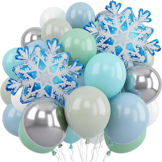 Blue Green Snowflake Balloon, Winter Wonderland Party Decorations, Pastel Green Dusty Blue Metallic Silver Balloons with Snowflake Foil Balloon for Christmas Winter Onederland Birthday Party Decor