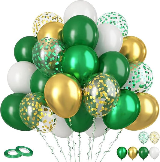 Green and Gold Balloons, 60PCS Metallic Gold and Green Balloons Set, 12 Inch Metallic Confetti Latex Balloon Helium for Birthday Safari Jungle Baby Shower Anniversary Graduation Party Decor