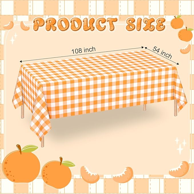 WNINK 2 Pack Orange and White Checkered Rectangular Plastic Tablecloths, Orange Gingham Waterproof Disposable Table Covers 54" x 108" for Birthday, Wedding, Outdoor Picnic Camping Parties