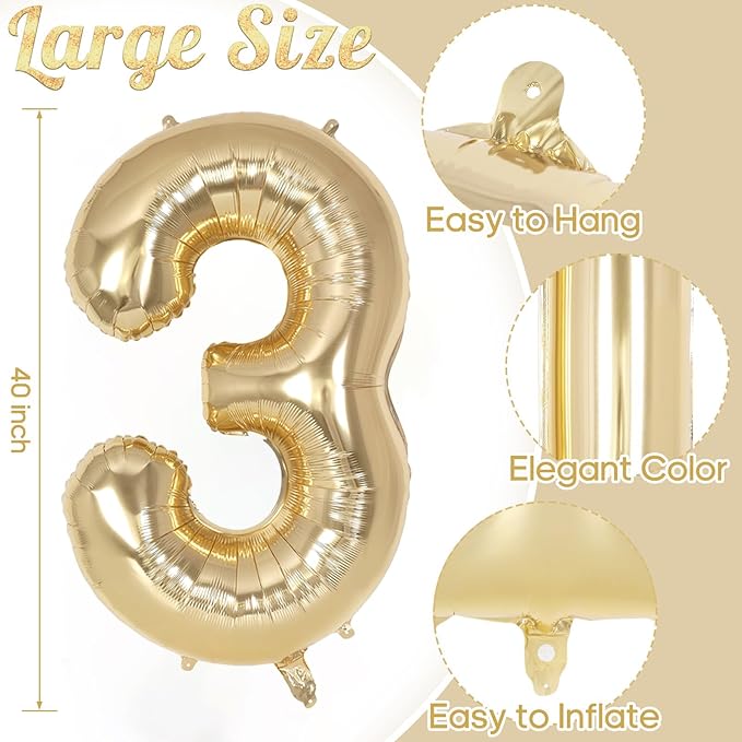 Champagne Gold Large Number 3 Balloon, 40 Inch Light Gold Foil Helium Number Balloons, Giant Mylar Number 3 Balloons for 3 Years Old Birthday Party Anniversary Decorations