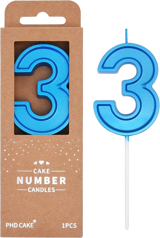 PHD CAKE 2.76 Inch Luxe Blue 3 Number Birthday Candles, Blue Number Candles, Cake Number Candles, Party Celebration