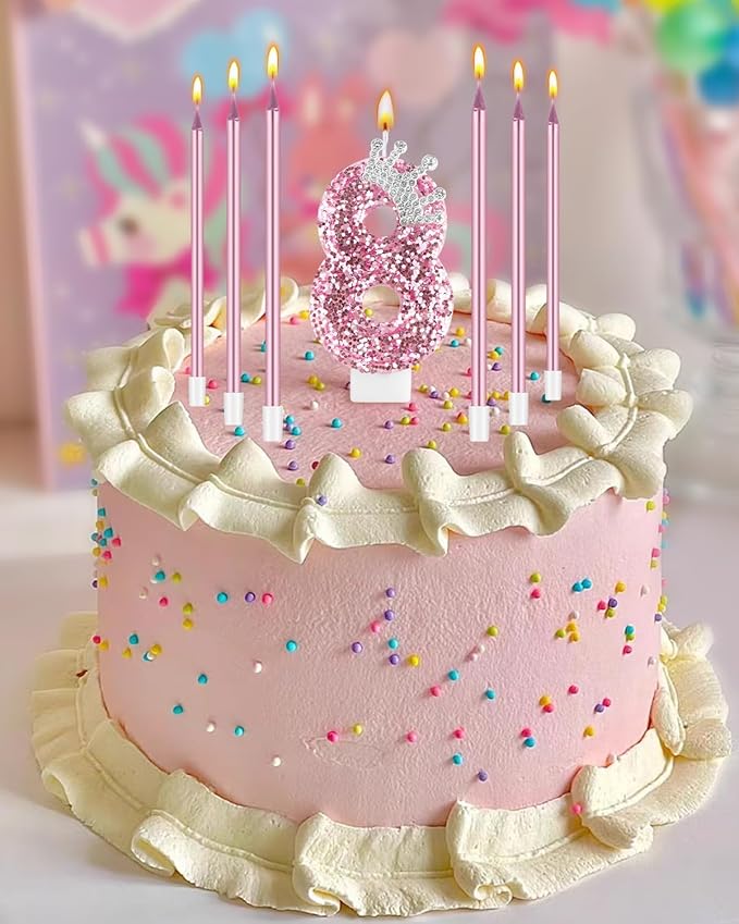 Birthday Candles for Cake, Pink Number Candles, Cake Candles with Greeting Card for Birthday Party Wedding Anniversary Celebrations (8 Candle, Silver Crown)