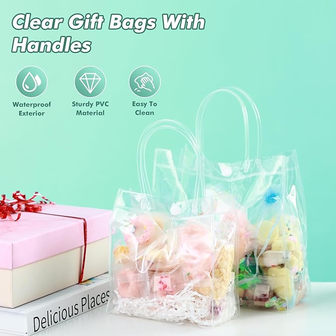 30 Pcs Reusable Holographic Gift Bags with Handle Iridescent Bachelorette Party Favor Bags Clear Tote Goodie Bags for Shopping Baby Showers Weddings - 5.9x6.3x2.8/8.3x8x4/11x9.8x5.7 Inch(20/5/5 Pcs)