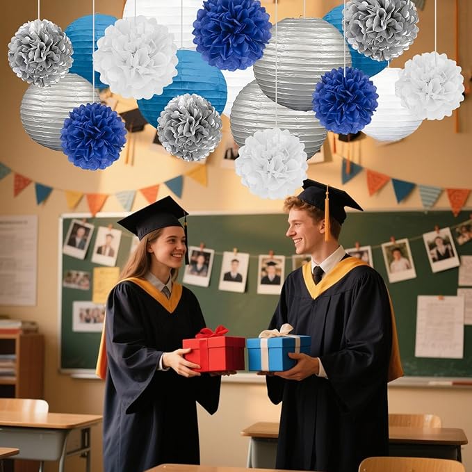 18 PCS Blue White Silver Paper Lanterns & Tissue Paper Pom Poms for Men's Birthday, Graduation 2026, Wedding, Hanging Paper Decor for Indoor Outdoor Events Theme Party Supplies