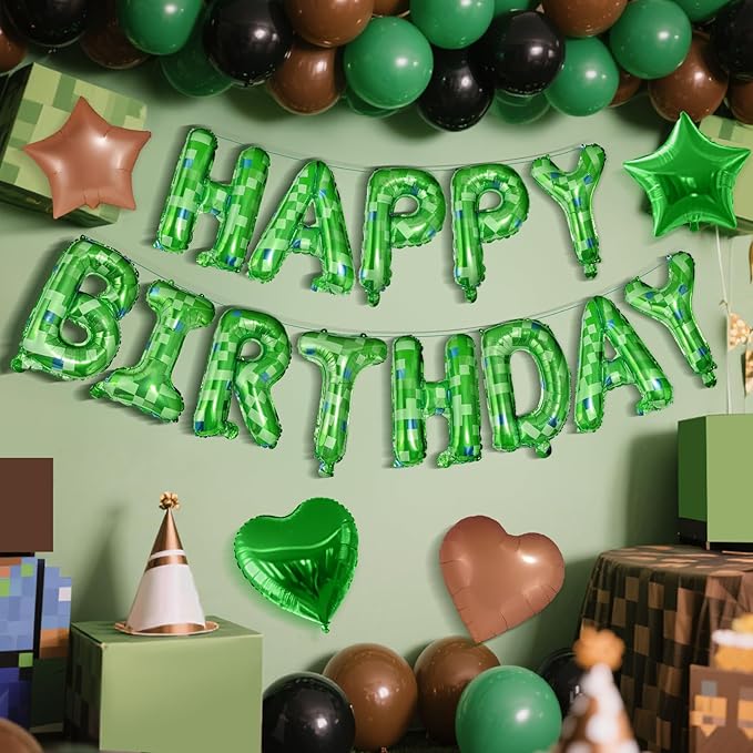 CANREVEL Happy Birthday Banner 30 Pcs 16 Inch Mylar Foil Letters with Star & Heart Balloons Green Pixel Miner Theme Birthday Party Decorations for Kids and Adults