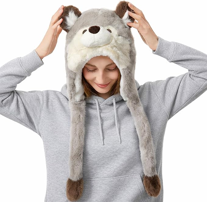 Surblue Animal Hat with Ears Moving Jumping Winter Plush Cap Halloween Christmas Party for Adult Teenager, One Size