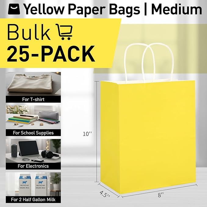 SUNCOLOR 25 Pack Yellow Gift Bags with Handles – 8x4.5x10 Medium Bags for Shopping, Retail, DIY, Wedding, Party Favors & Special Occasions