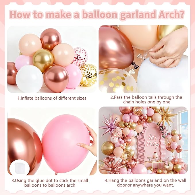 Rose Gold Balloons Arch Garland Kit, Pink and Gold Nude Matte White Confetti Balloons for Princess Girl Birthday Bridal Shower Engagement Celebration Anniversary Wedding Party Decorations