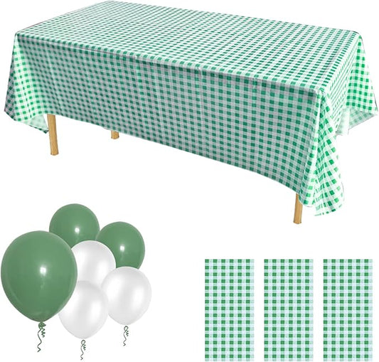 ZJDHPTY 3Pack Plastic Table Cloth Disposable, Green and White Checkered Gingham Tablecloth for Picnic Easter ST Patricks Christmas Party Decorations Size 54x108 Inch (Green+White Checker)