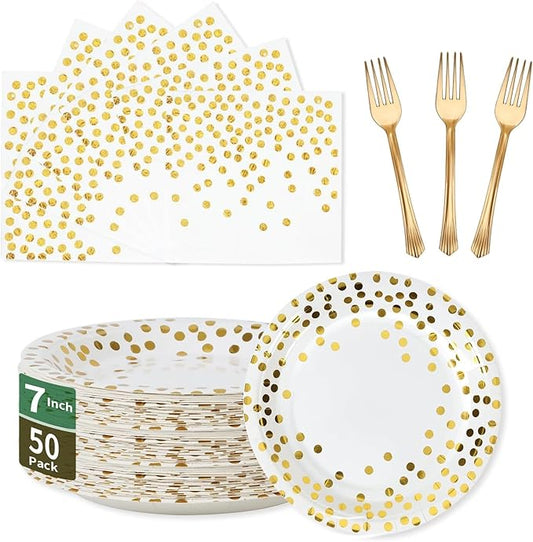 White and Gold Paper Plates and Napkins Party Supplies-50 x 7'' Dessert Plates & 50 x 6.5''Napkins & 50 x 7.3''Forks,Disposable Paper Tableware Set for Birthday,Wedding,All Occasions