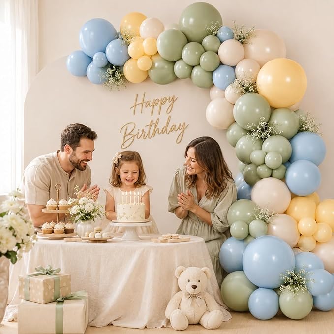 HILAVO Sage Green Dusty Blue Yellow Balloon Garland 126 Pcs Slate Blue Olive Green Yellow Sand White Cream Party Latex Balloons Arch Kit for Bridal Birthday Wild Party Deocration