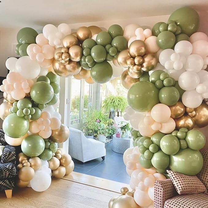 412Pcs Sage Green White Sand Gold Balloons Garland Arch Kit,18 12 10 5 Inch Different Sizes Balloons for Baby Shower Wedding Birthday Gender Reveal Party Decoration