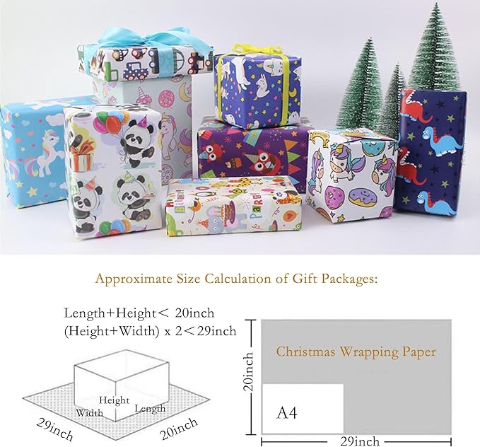 SIWRIOM Gift Wrapping Paper 10 Pack - Large 28 x 20 Inch Gift Wrap Sheets Happy Birthday Cartoon Pattern Designs for All Festive Present Decorations