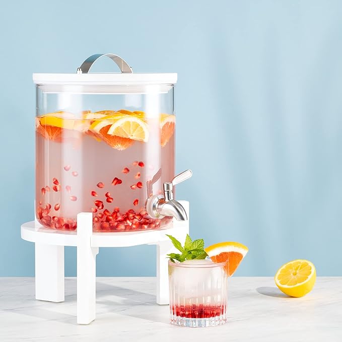 Navaris Beverage Dispenser with Stand - 1.3 Gallon (5L) Glass Drink Dispenser with Stainless Steel Spigot - Drinks Water Parties - White Beech Wood