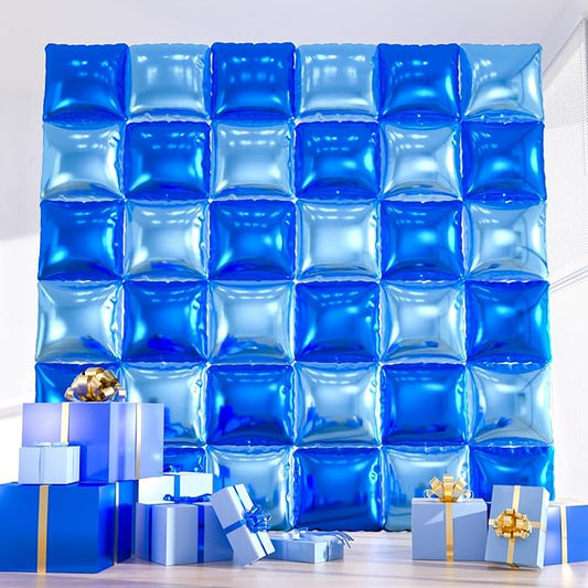 36pcs Royal & Baby Blue Square Foil Balloons - Double-Sided Mylar Balloon Backdrop Kit for Birthdays, Graduation 2026, New Year, Photo Booth Decor (9.5ft x 9.5ft Checkered Wall/Tunnel)