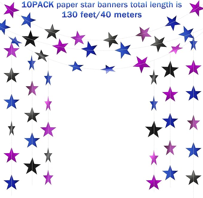 Patelai Glitter Star Garland Banner 2026 Graduation Decor 130 Feet Star Hanging Banner Twinkle Backdrop for Party Birthday Classroom Wedding Supplies(Blue,Black,Purple)