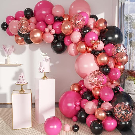 MEBAY Hot Pink Black Rose Gold Balloon Arch Garland Kit, 146 Pcs Rose Red Tender Pink Black Confetti Rose Gold Balloons for Graduation Birthday Party Baby Shower Wedding Decorations