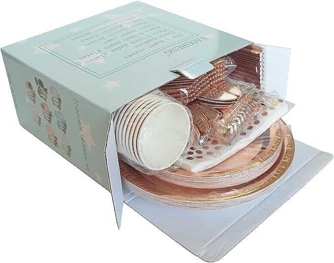 200 Pieces Solid Rose Gold Party Supplies - Rose Gold Paper Plates & Napkins Cups Silverware Serves 25 Sets for Wedding Bridal Shower Engagement Birthday Parties (Rose gold)