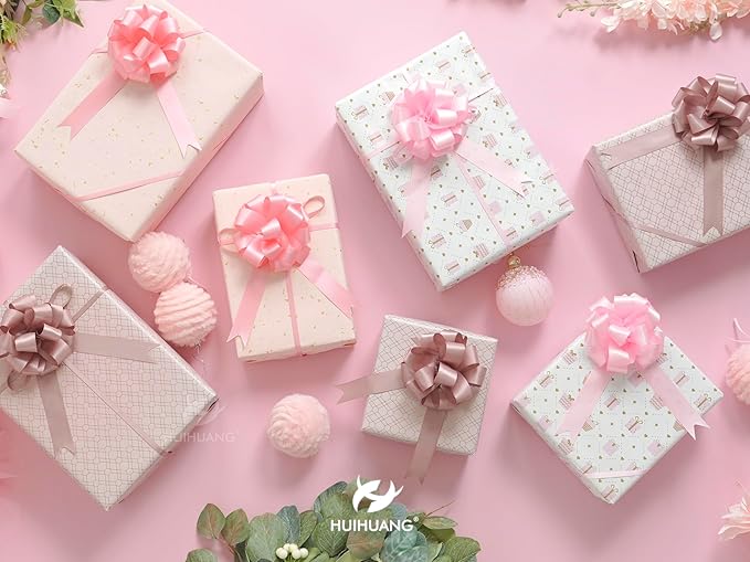 HUIHUANG Pink Pull Bows 12 PCS Light Pink Bow 4 inch Satin Gift Bows for Gift Wrapping, Presents, Gift Basket, Paper Bag, Baby Shower Favors, Wrapping Accessories, Wedding Christmas Decor