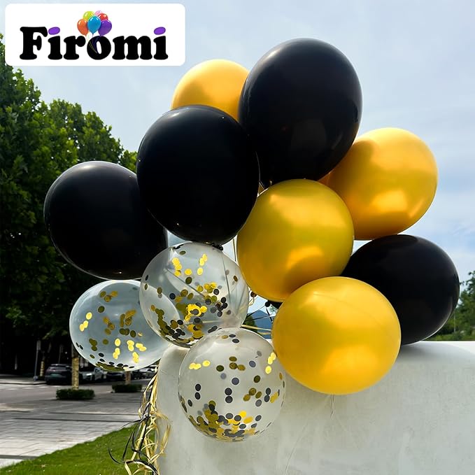 Firomi Metallic Chrome Gold Black Latex Balloons 12 Inch 70 pack Black and Gold Confetti Balloons Set for Graduation Birthday Wedding Party (with 2 Ribbons)