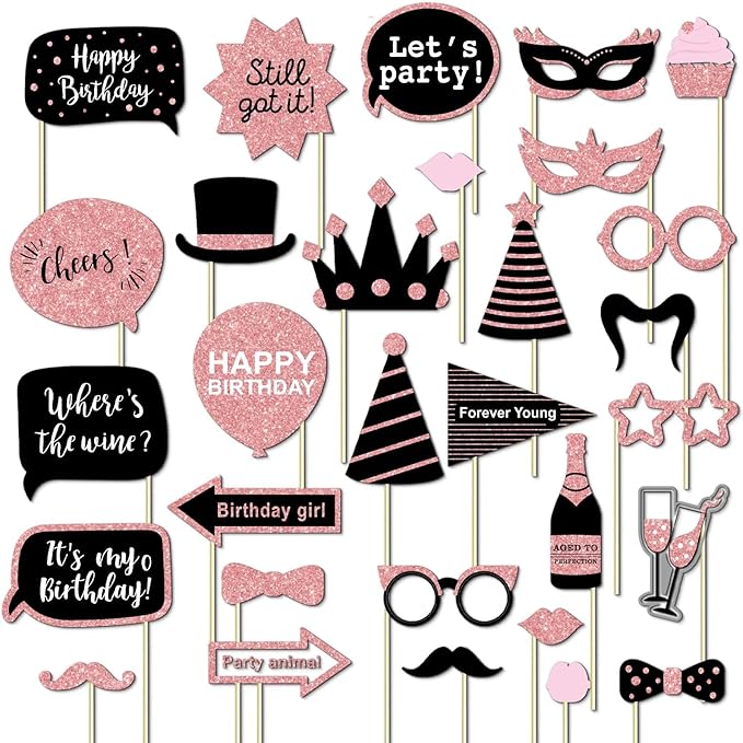 30 PCS Birthday Photo Booth Props Kit, Glitter Birthday Party Photo Props Set, Easy to Assemble Selfie Party Supplies for Women & Girls, Cute Photography Props for Parties