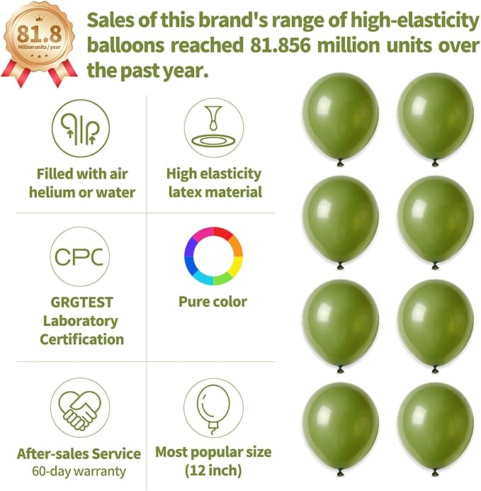 110pcs Olive Green Balloon 12 Inch, Olive Green Latex Balloons for Birthday Party Baby Shower Wedding(with 2 Ribbons).