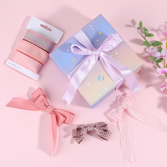 BEEFLYING 3 Styles Pink Wire Edged Ribbons for Gift Wrapping Decoration 25~28mm×2.7m Organza Satin Ribbon Silk Ribbon for Wedding Party Decoration Hair Bows Flower Designs Sewing and Craft, 9 Yards