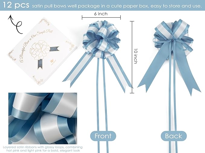 HUIHUANG Dusty Blue Pull Bows 6" x 10" Dusty Blue and White Double Layer Satin Pull Bows 12 PCS Gift Bow for Gift Wrapping Gift Basket Baby Shower Favors Wedding Party Decor