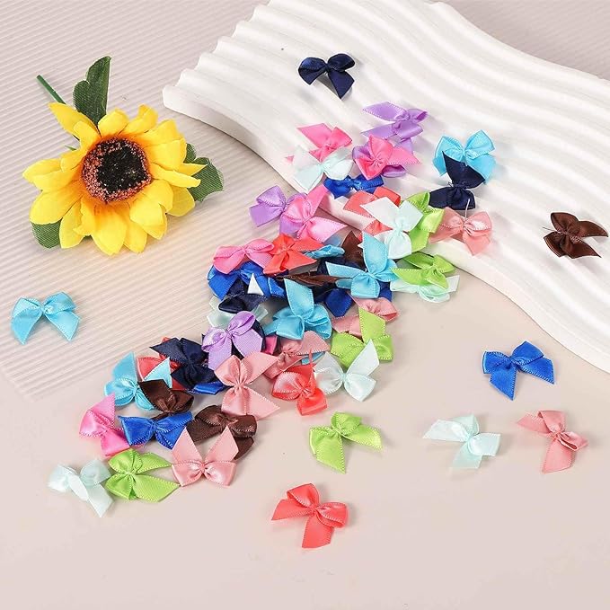 MECCANIXITY 50 Pcs Mini Ribbon Bow 1" Mini Fabric Satin Ribbon Flower Bows for Craft DIY Sewing Wedding Birthday Party Gift Wrap Bows Brown
