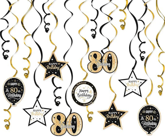 Happy 80th Birthday Black & Gold Glitter Swirls Streamers Party Decorations - 15 Pcs 80th Birthday Hanging Swirls Streamers Kit,Cheers to Eighty Years Old Bday Party Sign.