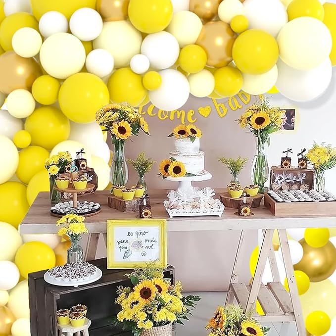 Pastel Yellow White Balloon Garland Arch Kit - Metallic Gold Balloons, Lemon Yellow Balloons for Sunshine Honey Bee Sunflower Birthday Baby Shower Wedding Party Decorations
