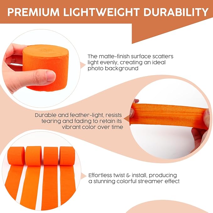 4 Rolls Crepe Paper Orange Streamers – Perfect for Streamers Party Decorations, Wedding, Birthday, Colored Decor, and DIY Craft Supplies(1.8 Inch x 82 Ft/Roll)