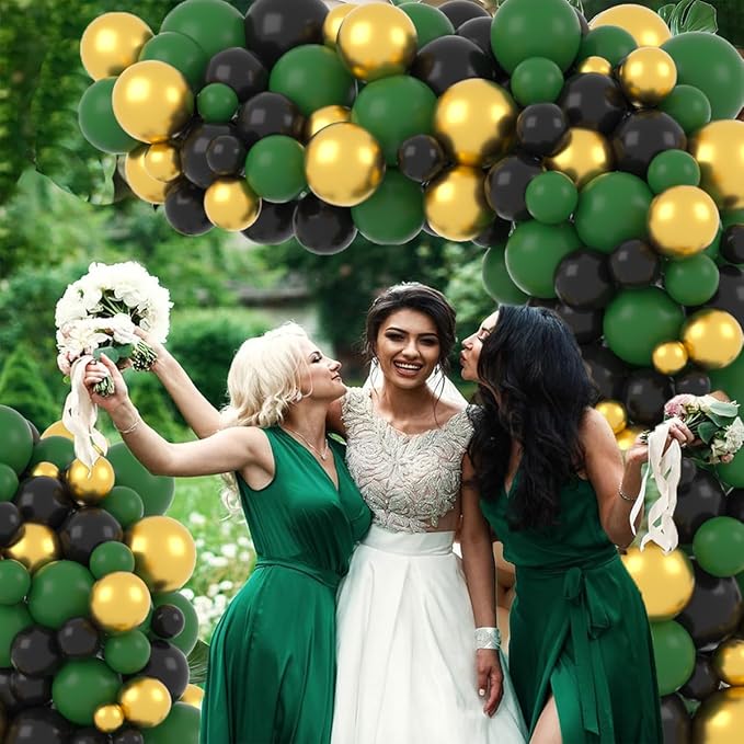 Dark Green Gold Black Balloon Garland Arch, Emerald Green Black Gold White Balloons for Camo Birthday Wildland Baby Shower Class of 2026 Graduation Party Decorations