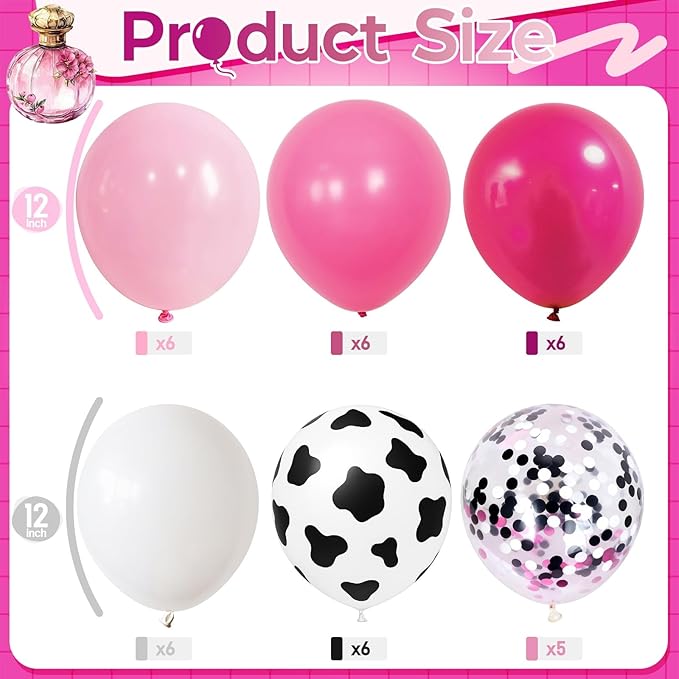 Cowgirl Balloons, 12 Inch Hot Pink Pastel Pink White Cow Print Balloon with Confetti Latex Balloon for Cowgirl Bridal Shower Bachelorette Party Decor Farm Birthday Rodeo Party Decorations Supplies