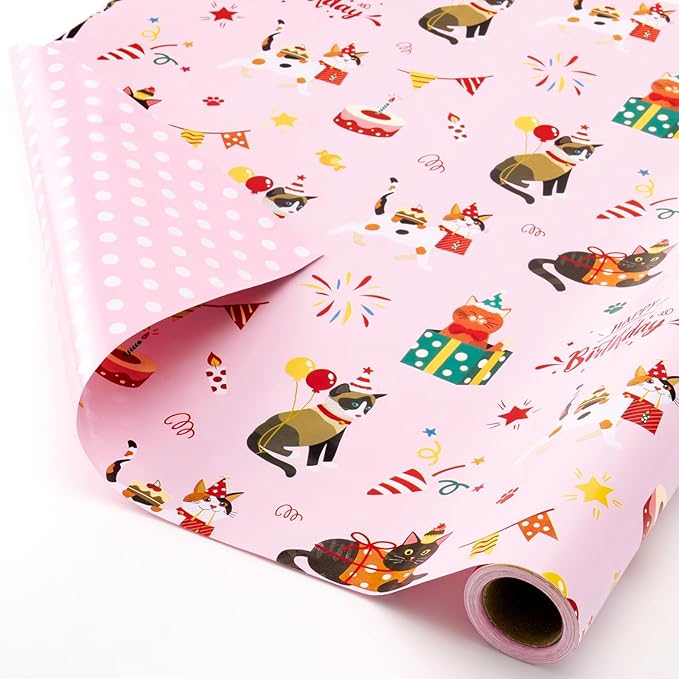 WERNNSAI Cat Wrapping Paper Roll - 1 Roll 17”x 33 ft Happy Birthday Wrapping Paper Pink Cat Birthday Gift Wrap for Kids Girls Adults Kitten Party Baby Shower Decoration Reversible Polka Dot Design