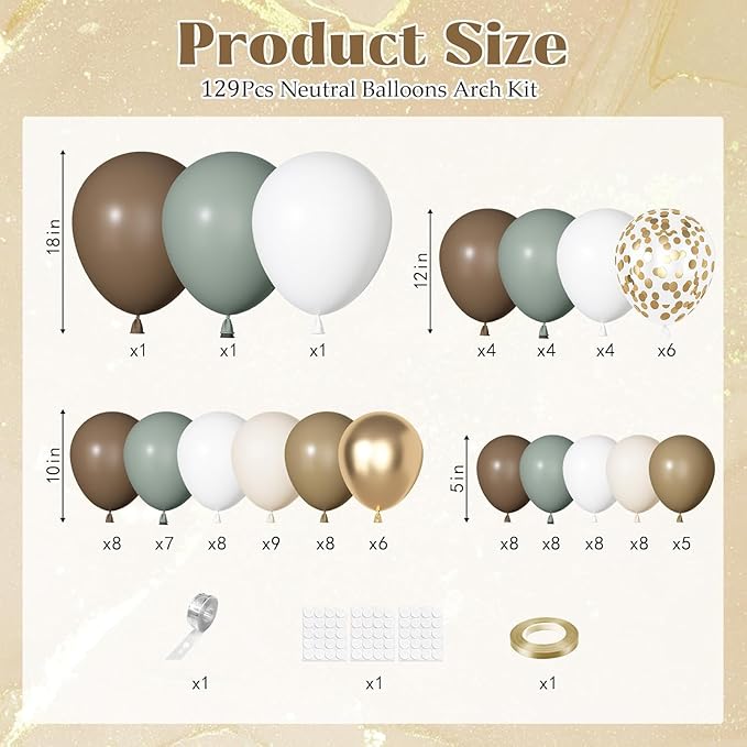 Ouddy Party Dusty Green Nude Balloons Garland Arch Kit, Different Sizes 18 12 10 5 Inch Sage Green Brown White Sand Beige Cream Latex Confetti Balloon for Neutral Baby Shower Birthday Party Decoration