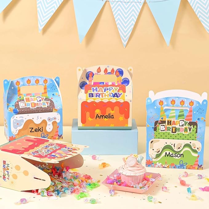 WERNNSAI 12 Pack Birthday Party Favor Boxes - Happy Birthday Party Decorations Candy Boxes for Girls Boys Gift Wrapping Cake Goodies Bags with Handle for Party Supplies