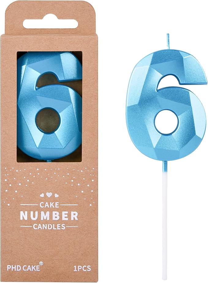 PHD CAKE 2.76 Inch Crystal Blue 6 Number Birthday Candles, Blue Number Candles, Cake Number Candles, Party Celebration